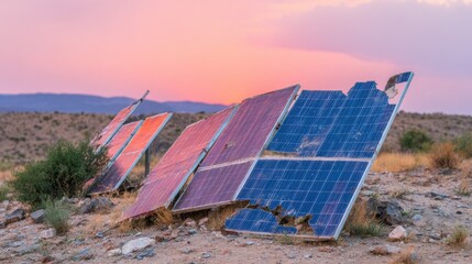 Broken solar panels sit on the ground during sunset in a desert landscape