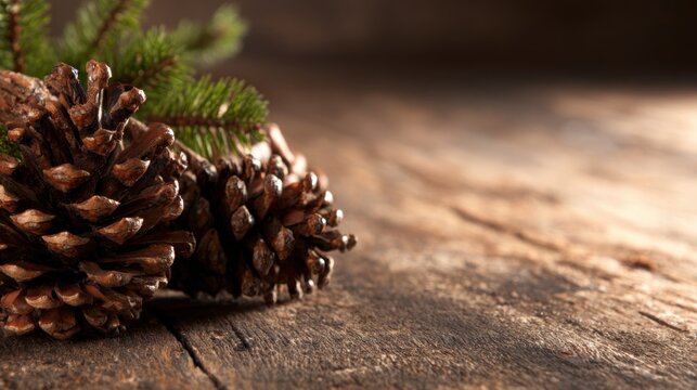 Pine cones and green branches on wooden surface in natural light setting - Powered by Adobe