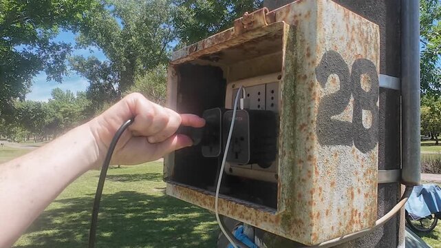 Stecker in Campingplatz Steckdose &ndash; Stromadapter in alte Elektrodose stecken beim Camping