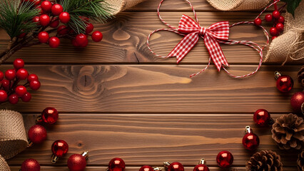 Christmas holiday background with festive red ornaments, green pine branches, and a checkered bow on rustic wooden planks.