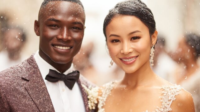Couple smiles together during wedding celebration in a festive atmosphere - Powered by Adobe