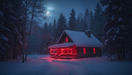 Snow-covered rustic log cabin with warm red glowing lights and a smoking chimney nestled in a dark, moonlit pine forest during a peaceful winter night