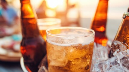 People enjoy drinks by the beach during sunset with bottles nearby
