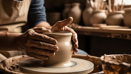 Skilled hands of a craftsman shaping clay on a pottery wheel in a rustic workshop