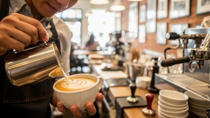 Skilled barista crafting beautiful latte art by pouring milk into a coffee cup in a cafe