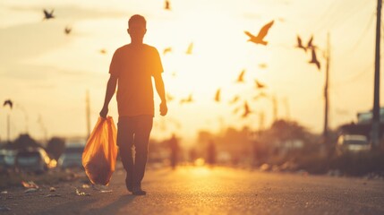 Man walks on road at sunset carrying a bag near birds flying