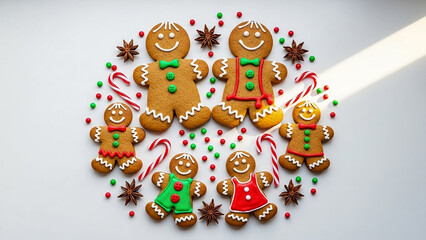 A joyful flatlay of decorated gingerbread cookies with sprinkles and holiday decorations. Ideal for festive branding and Christmas campaigns.