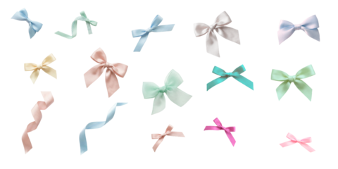 Realistic set of colorful pastel satin bows and ribbons isolated on gray background for gift decoration, holiday, and celebration design elements