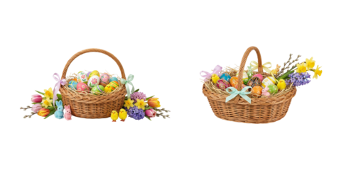 Festive Easter baskets filled with colorful painted eggs spring flowers and cute chicks isolated on light background for holiday celebration design