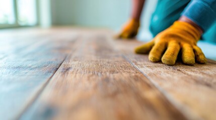 Worker installs wooden floor in room during daytime with tools and gloves