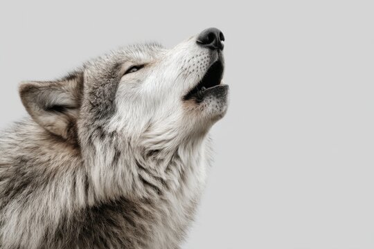 A wild wolf is howling a song to the sky with its mouth open.