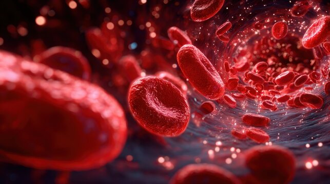 AI generated image of red blood cells stream inside a blood vessel with cinematic bokeh lighting