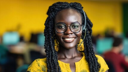 Young woman in office setting with headset and smile