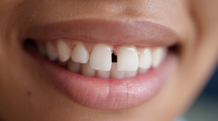 Smile of a person showing teeth with a gap in the front row during daylight