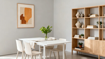 Fototapeta premium A modern minimalistic dining room featuring a white table, wooden shelves, and a green plant for a clean and elegant look.