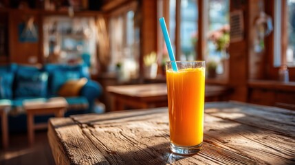 A tall glass filled with orange drink sits on a wooden table in a cafe. The sun shines through the windows. Furniture in the background creates a welcoming atmosphere.