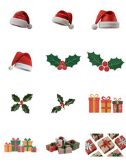 png set of icons depicting Christmas elements: Santa hats, holly, presents, and festive decorations, symbolizing holiday cheer.