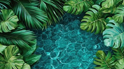 Lush tropical leaves surround a tranquil turquoise water pool.