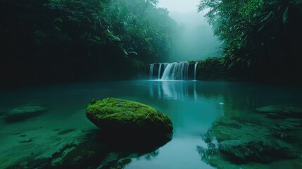 Tranquil, misty waterfall cascading into a serene, emerald pool in a lush jungle.