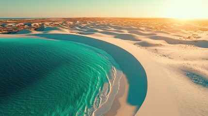 Elevated view of a turquoise pool nestled within a vast expanse of white sand dunes.