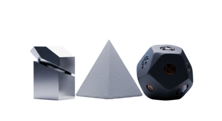 Three abstract geometric sculptures (metallic, stone, composite) in a clean minimalist studio with cool gradient background and copy space, concept of corporate stability