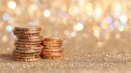 Coins stacked on a shiny golden surface in a bright setting