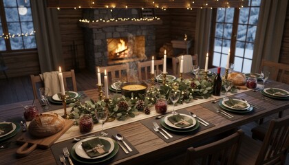 Beautifully decorated festive dining table set for a holiday meal with glowing candles and a garland in a cozy rustic log cabin with a fireplace