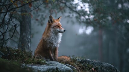 A fox is sitting on a rock in a foggy forest. The animal looks alert and focused on its surroundings. Green trees and mist fill the background of this early morning scene.