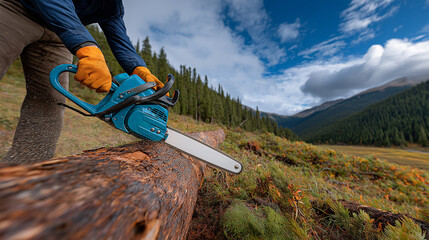 Man in gloves cutting fallen log with chainsaw in mountain forest clearing against cloudy sky, lumberjack profession concept