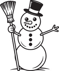 Cute Snowman Coloring Page with Top Hat and Broom – Simple Winter Outline Illustration for Kids