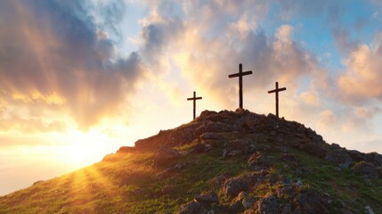 Obraz premium Three crosses on a hill at sunset with clouds in the sky