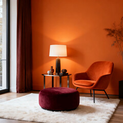 A modern living room with orange wall, comfortable orange chair, maroon ottoman, and a lamp on a table.