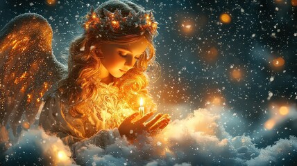 Snowy holiday backdrop with a small white guardian angel surrounded by lights at night, creating a blurred bokeh effect.