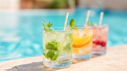 Fototapeta premium Refreshing drinks by the pool during a sunny afternoon gathering