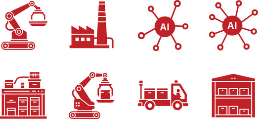 Red AI and Automation Icons Set Robot Factory Truck and Warehouse Keywords: AI, artificial intelligence, icon, set, automation