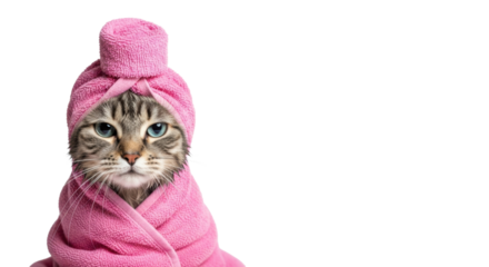 A wet gray tabby cat with blue eyes, wrapped in a pink towel resembling a robe, looking displeased yet endearing, in a high-key studio with white copy space. Humorous pet care concept