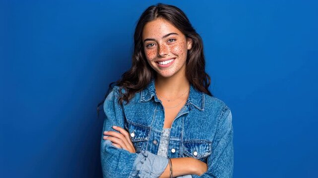 Portrait of smiling young woman with distinct freckles and arms crossed wearing denim jacket on blue background