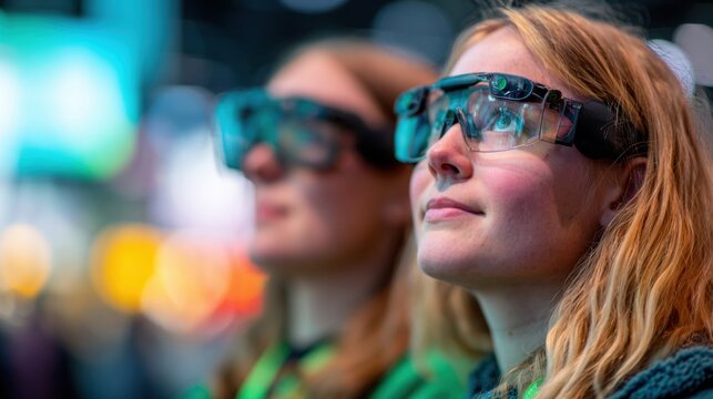 People using virtual reality goggles in a technology exhibition setting