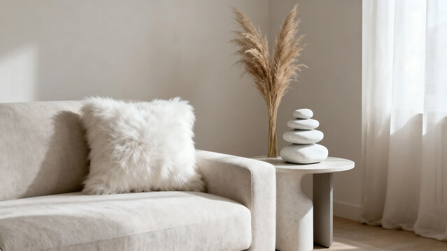A modern living room with a cozy setup featuring a light-colored sofa, a fluffy pillow, stacked stones, and pampas grass for a serene ambiance.