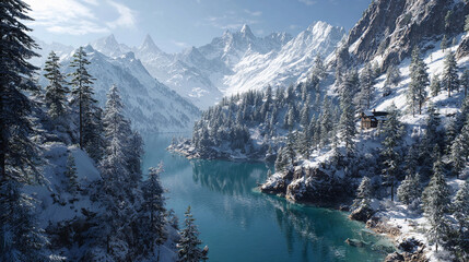 Snow-covered mountains and a clear blue lake with a cabin surrounded by trees on a bright sunny day in the winter season