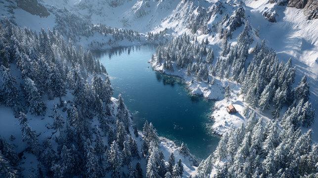 Snowy landscape with a tranquil lake surrounded by mountains and trees during winter in a remote location