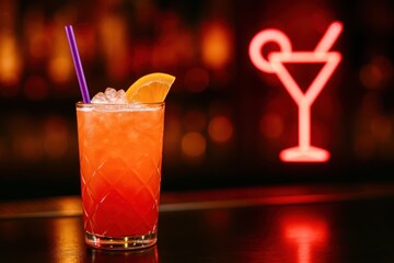 A glass of red drink with a straw in it sits on a bar