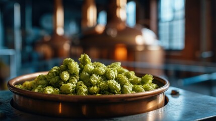 A close view of fresh green hops placed in a bowl inside a craft brewery. Copper brewing tanks are in the background. The scene captures the preparation for brewing.
