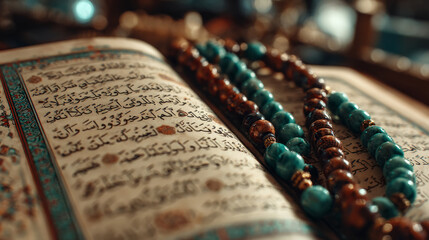 Ashura observance with quran close up and beads in soft focus