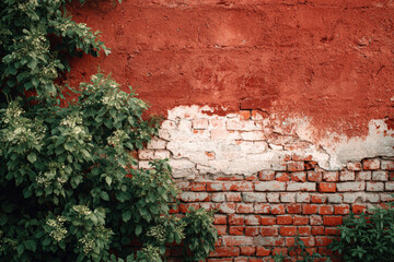 Red and white old brick wall with green hedge, summer day, copy space, background, texture