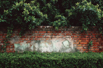 Red and white old brick wall with green hedge, summer day, copy space, background, texture