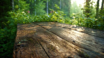 Light shines on a wooden table in a forest during morning hours