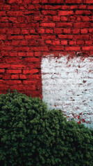 Red and white old brick wall with green hedge, summer day, copy space, background, texture