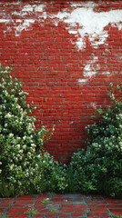 Red and white old brick wall with green hedge, summer day, copy space, background, texture