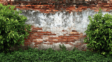 Red and white old brick wall with green hedge, summer day, copy space, background, texture